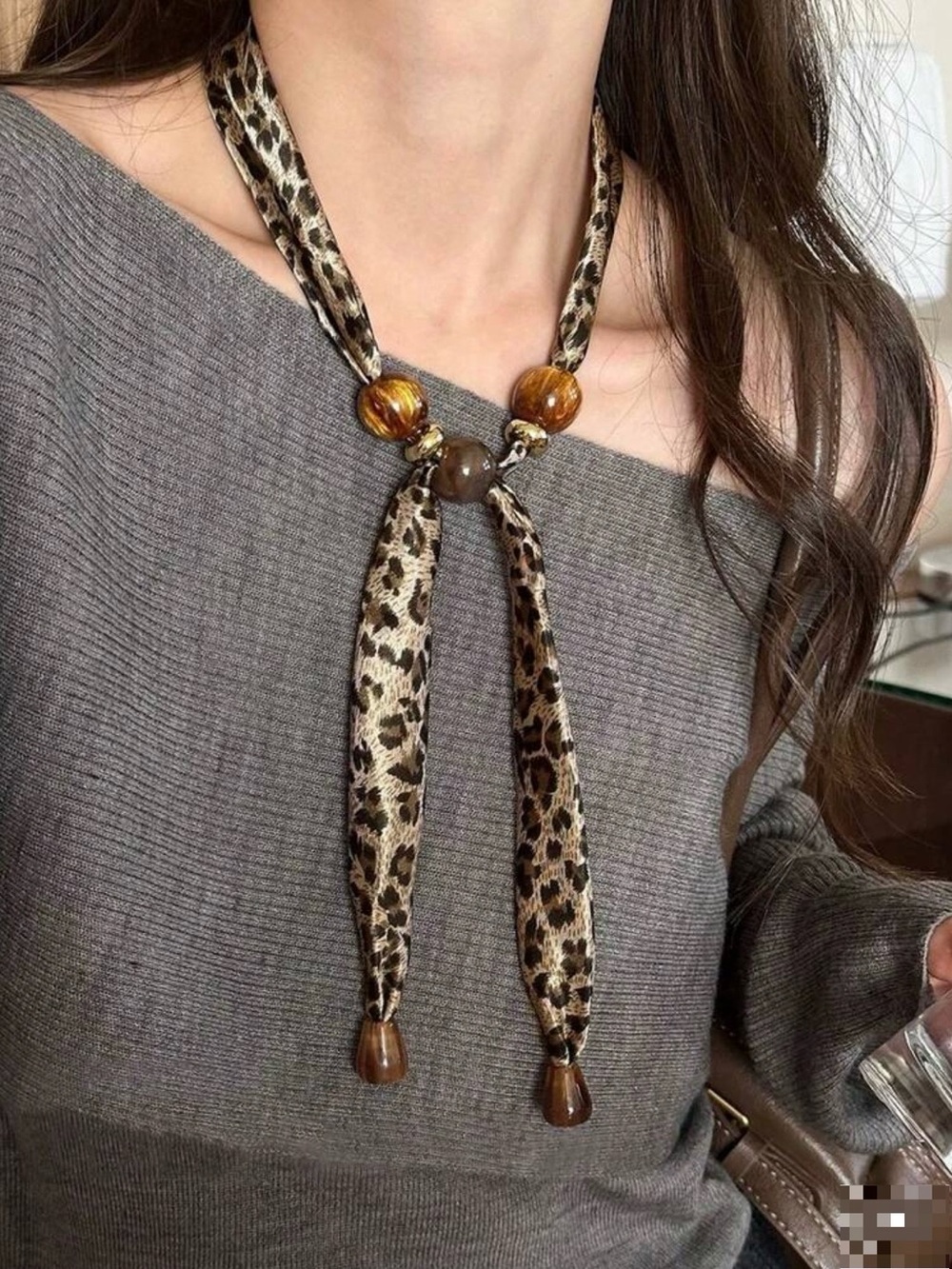 Leopard Print Silk Scarf Necklace with Amber Beads